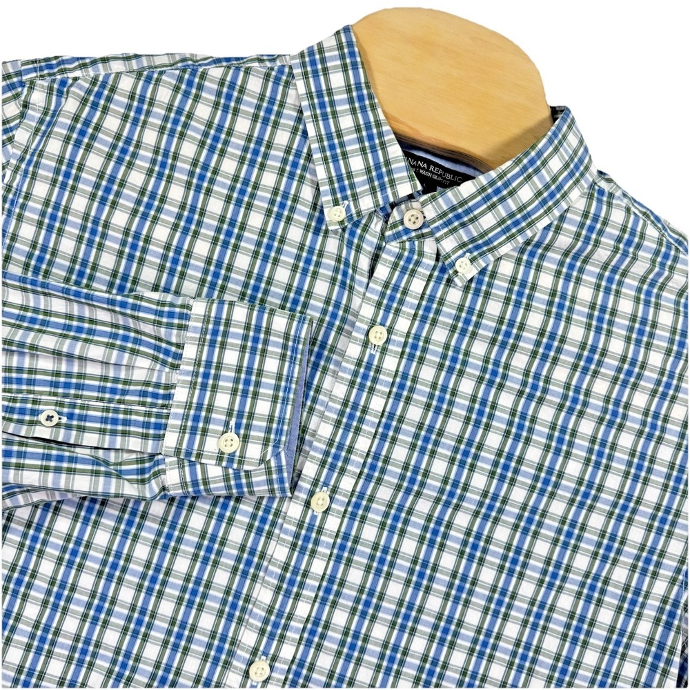 Banana Republic Shirt Mens Large Green Blue Plaid Soft Wash Slim Fit Classic‎